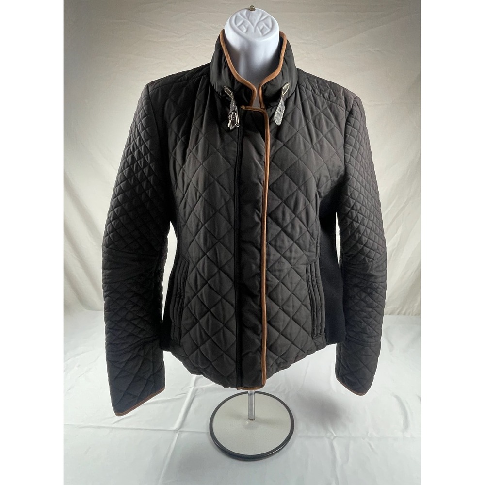 Zara Woman Quilted Moto Jacket Mock Neck Buckle Brown Large